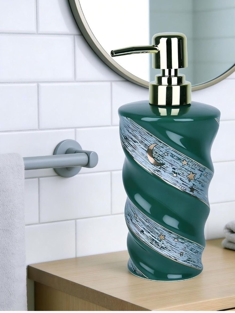Ceramic Green Moon & Stars Soap Dispenser with Gold Pump
